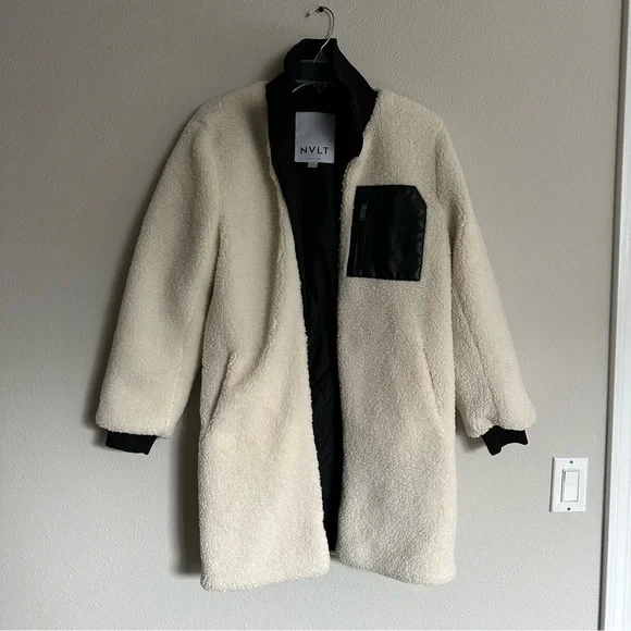 NVLT Anthropologie cream sherpa fleece longline jacket w/ faux leather accent - Picture 11 of 12